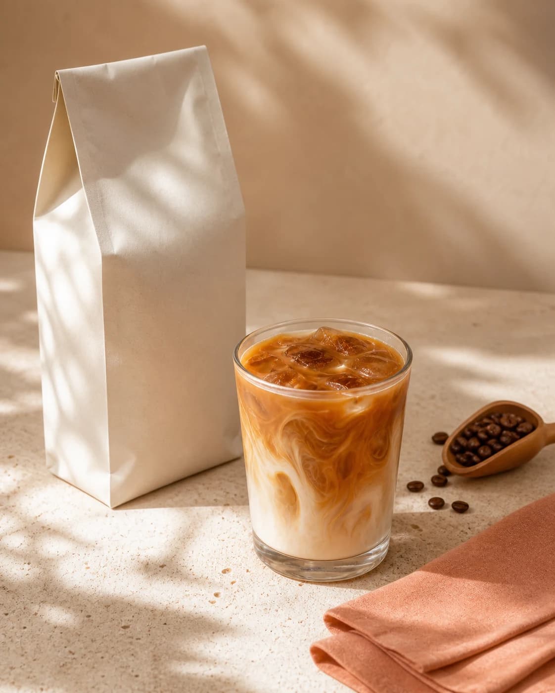 Spring coffee campaign visual featuring an iced latte and coffee packaging